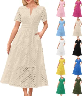 Eyelet Dresses for Women 2025 Cotton Short Sleeve Dresses Casual V Neck Maxi Sundress Summer Vacation Sundress