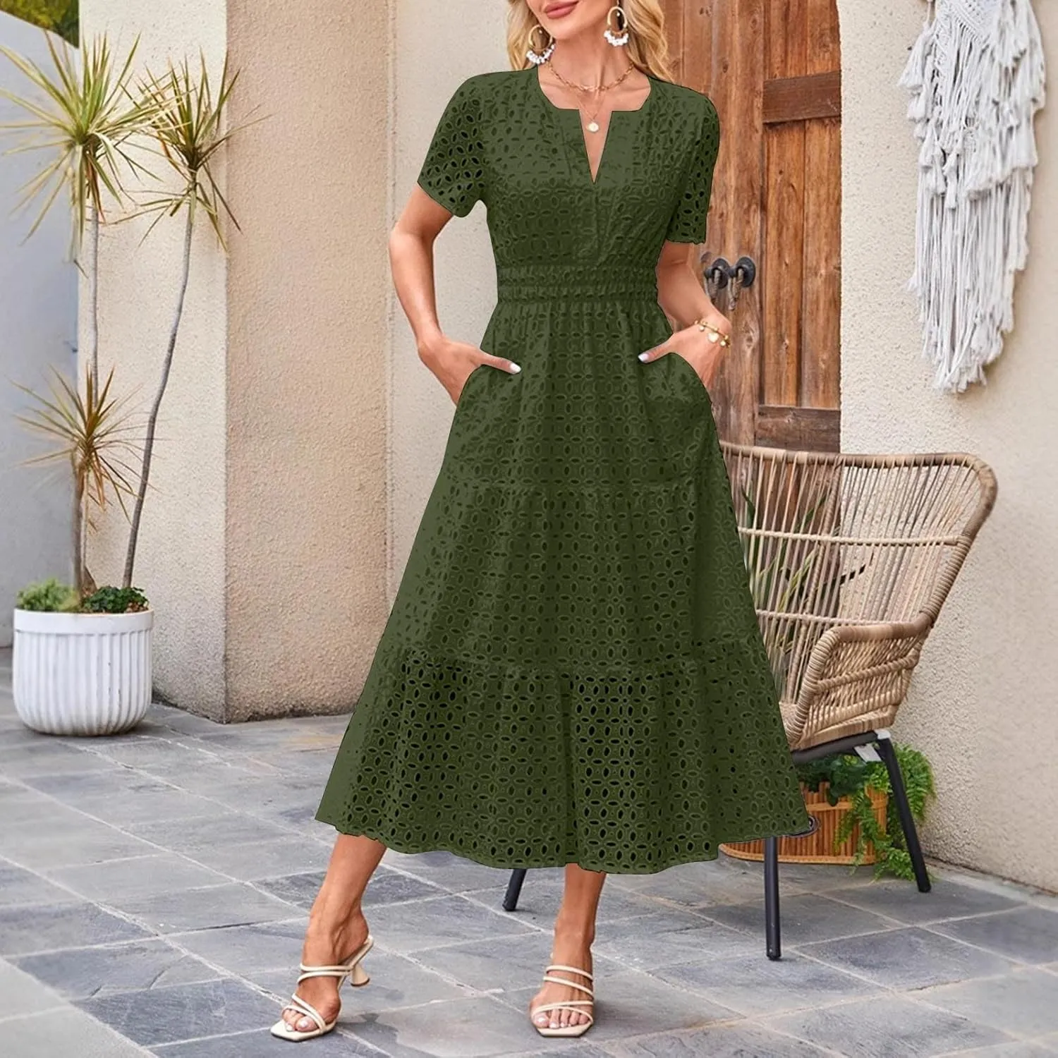 Eyelet Dresses for Women 2025 Cotton Short Sleeve Dresses Casual V Neck Maxi Sundress Summer Vacation Sundress
