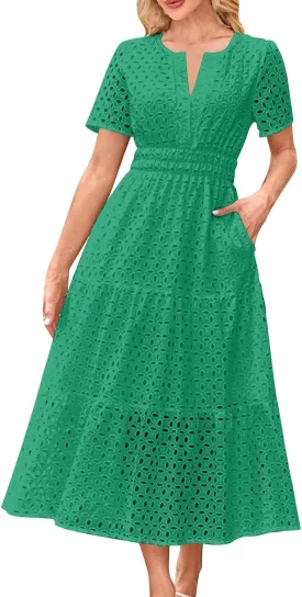 Eyelet Dresses for Women 2025 Cotton Short Sleeve Dresses Casual V Neck Maxi Sundress Summer Vacation Sundress