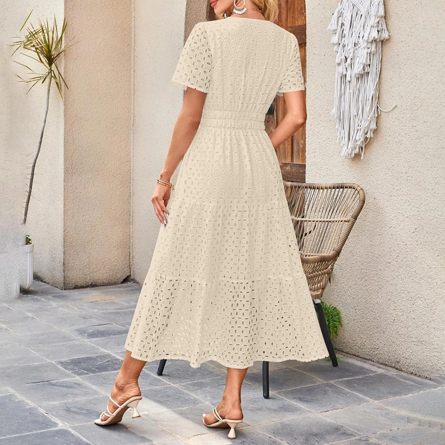 Eyelet Dresses for Women 2025 Cotton Short Sleeve Dresses Casual V Neck Maxi Sundress Summer Vacation Sundress