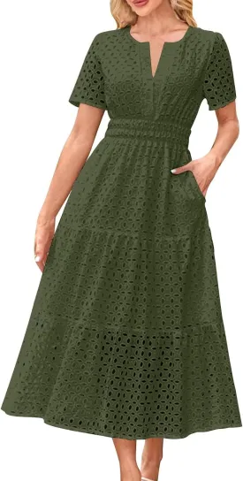 Eyelet Dresses for Women 2025 Cotton Short Sleeve Dresses Casual V Neck Maxi Sundress Summer Vacation Sundress
