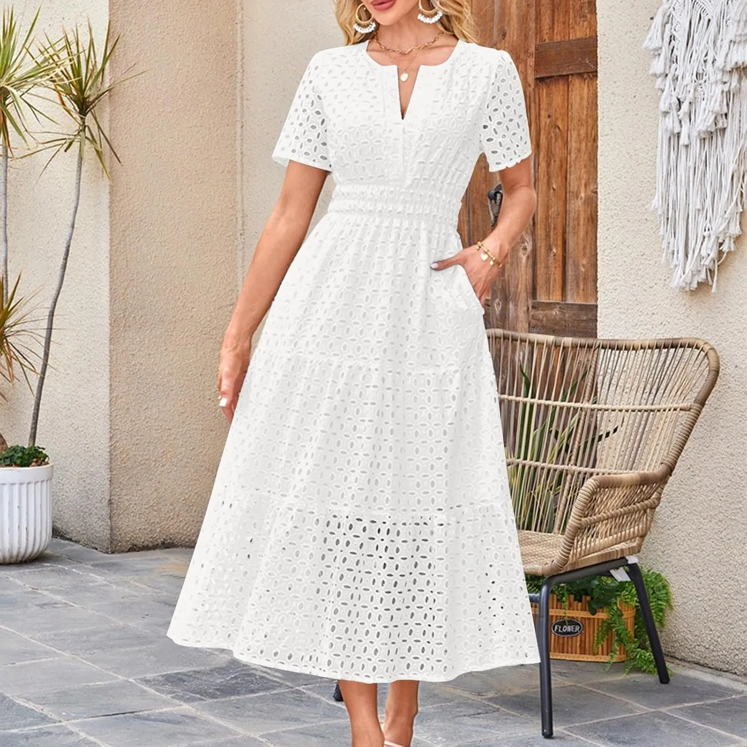Eyelet Dresses for Women 2025 Cotton Short Sleeve Dresses Casual V Neck Maxi Sundress Summer Vacation Sundress