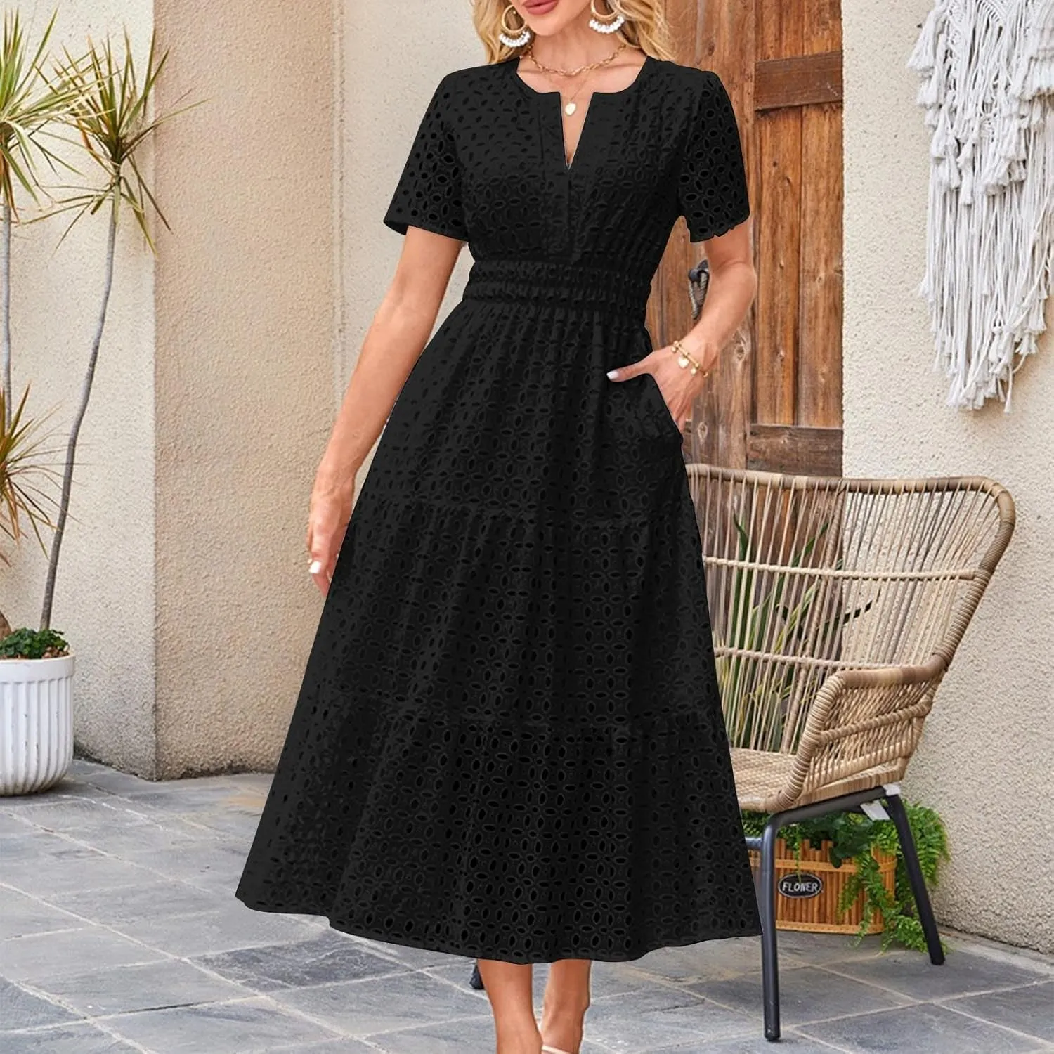 Eyelet Dresses for Women 2025 Cotton Short Sleeve Dresses Casual V Neck Maxi Sundress Summer Vacation Sundress
