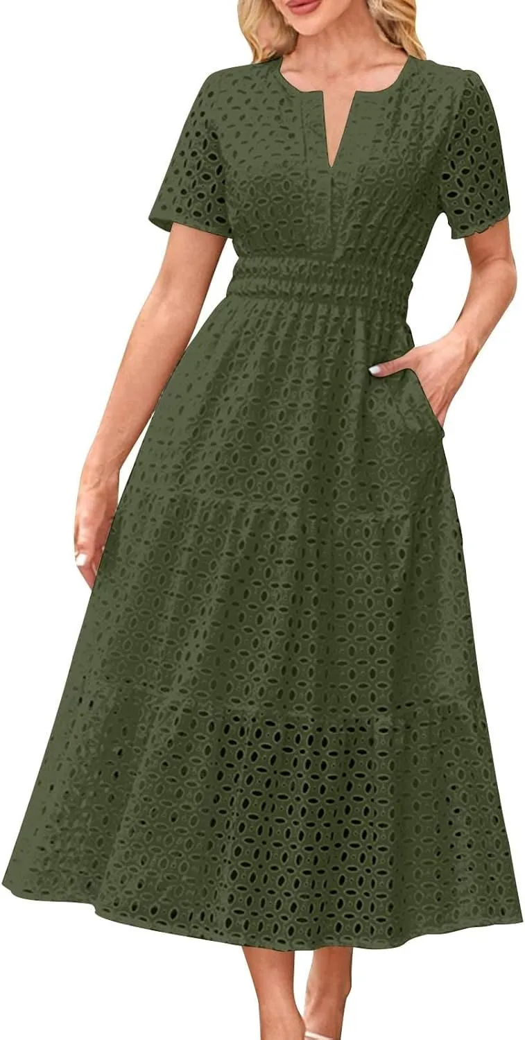 Eyelet Dresses for Women 2025 Cotton Short Sleeve Dresses Casual V Neck Maxi Sundress Summer Vacation Sundress
