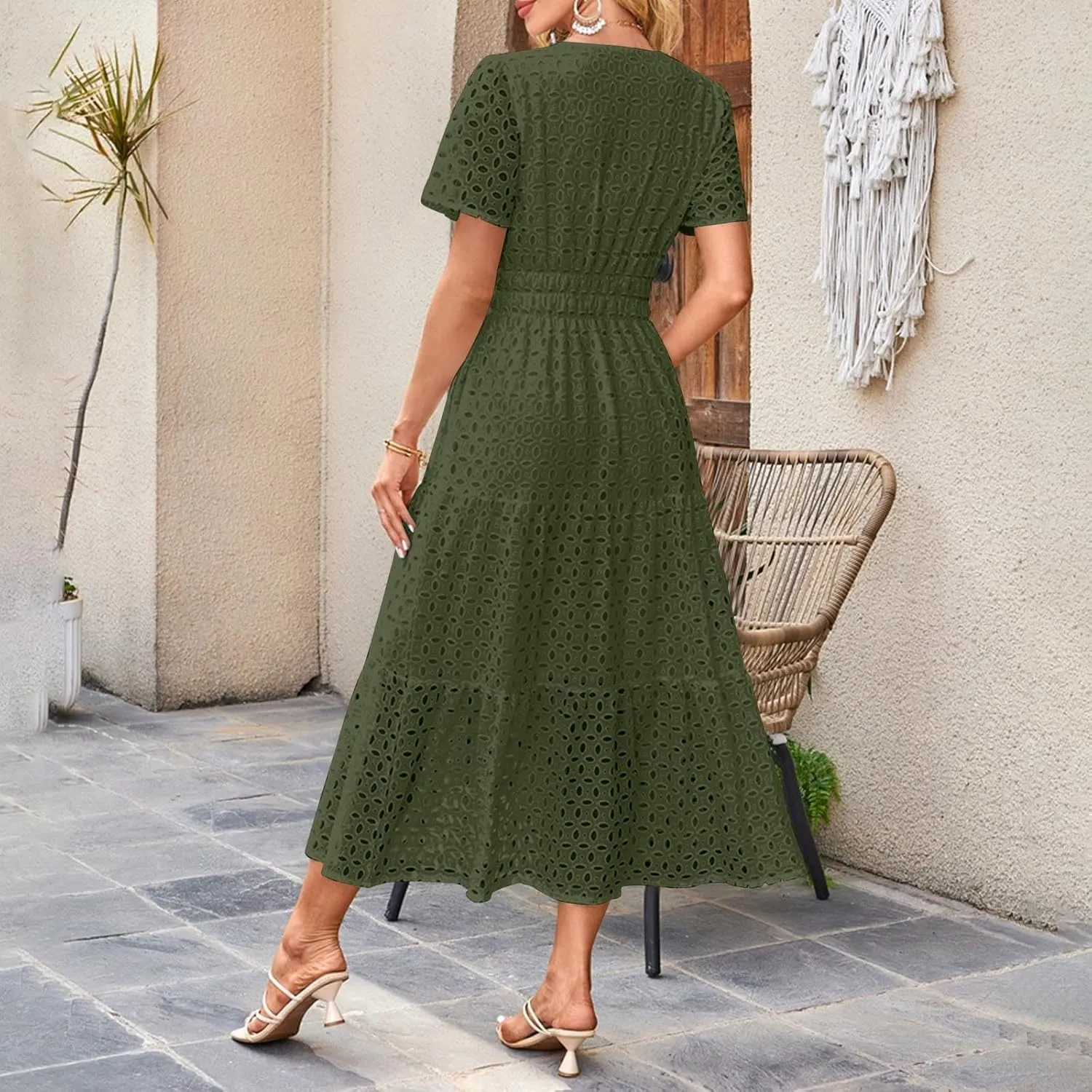 Eyelet Dresses for Women 2025 Cotton Short Sleeve Dresses Casual V Neck Maxi Sundress Summer Vacation Sundress