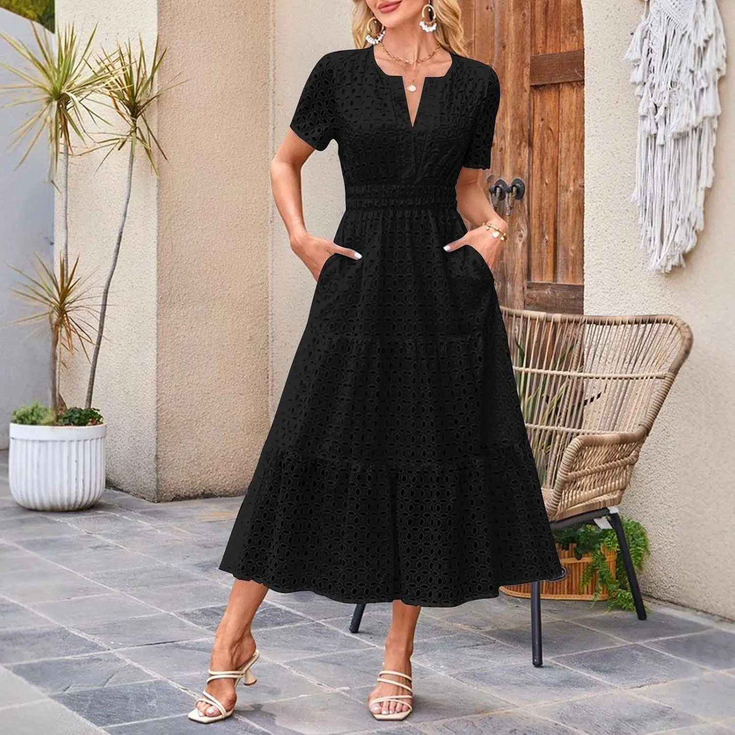 Eyelet Dresses for Women 2025 Cotton Short Sleeve Dresses Casual V Neck Maxi Sundress Summer Vacation Sundress