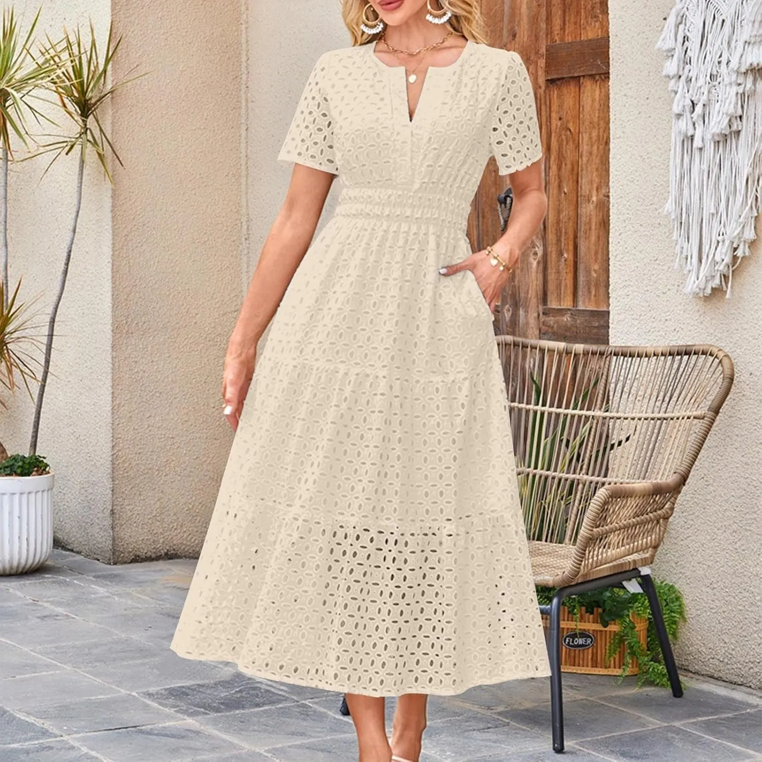 Eyelet Dresses for Women 2025 Cotton Short Sleeve Dresses Casual V Neck Maxi Sundress Summer Vacation Sundress