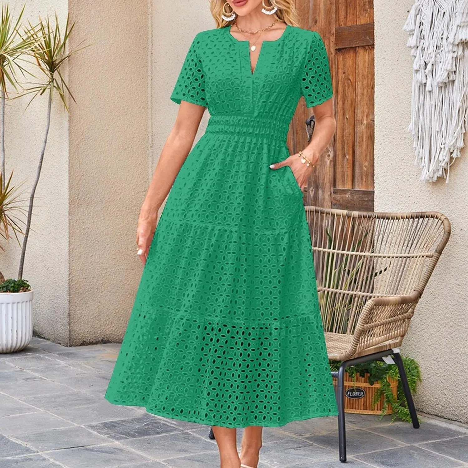 Eyelet Dresses for Women 2025 Cotton Short Sleeve Dresses Casual V Neck Maxi Sundress Summer Vacation Sundress