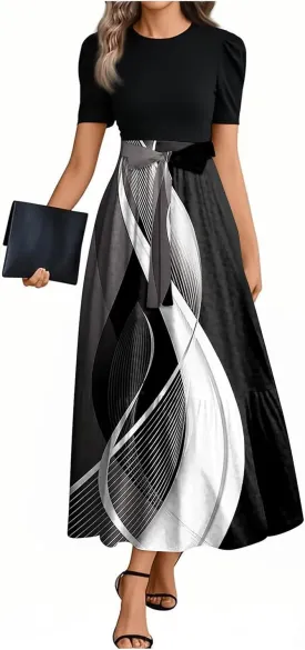 Floral Maxi Dress Spring Womens Long Dresses Short Sleeve Crew Neck Empire Waist Dress Elegant Tie Belted Dresses
