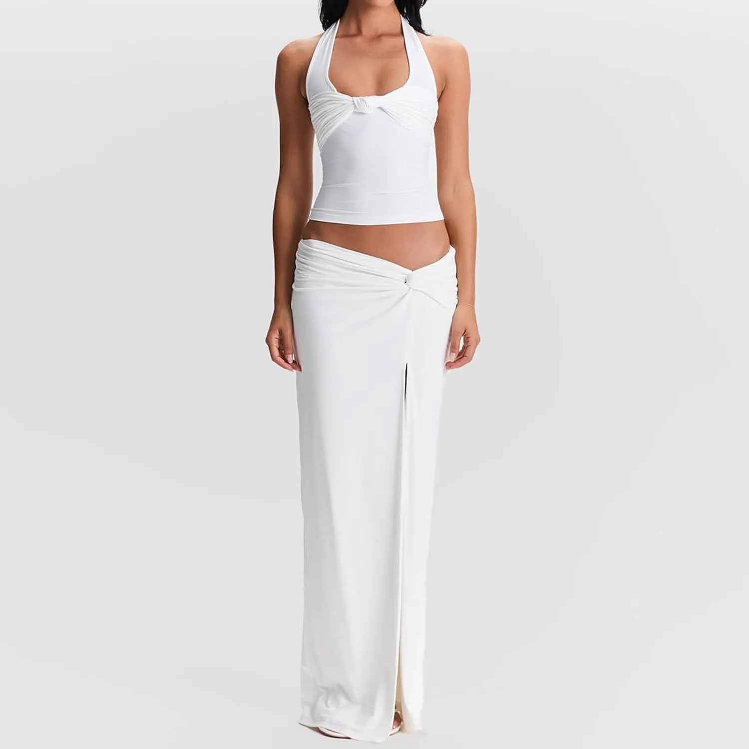 FOMOYUU Women's Y2K Sexy Halter Tops Knot Front Sleeveless Crop Tank Top Slim Fitted Backless Tanks Summer Going Out Vest