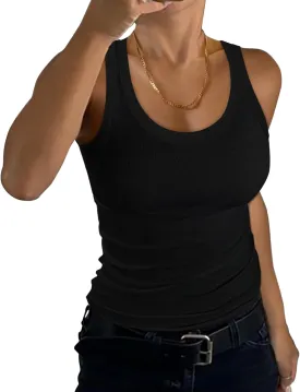 GEMBERA Womens Scoop Neck Sleeveless Racerback Ribbed Knit Slim Fitted Basic Tank Top Shirt
