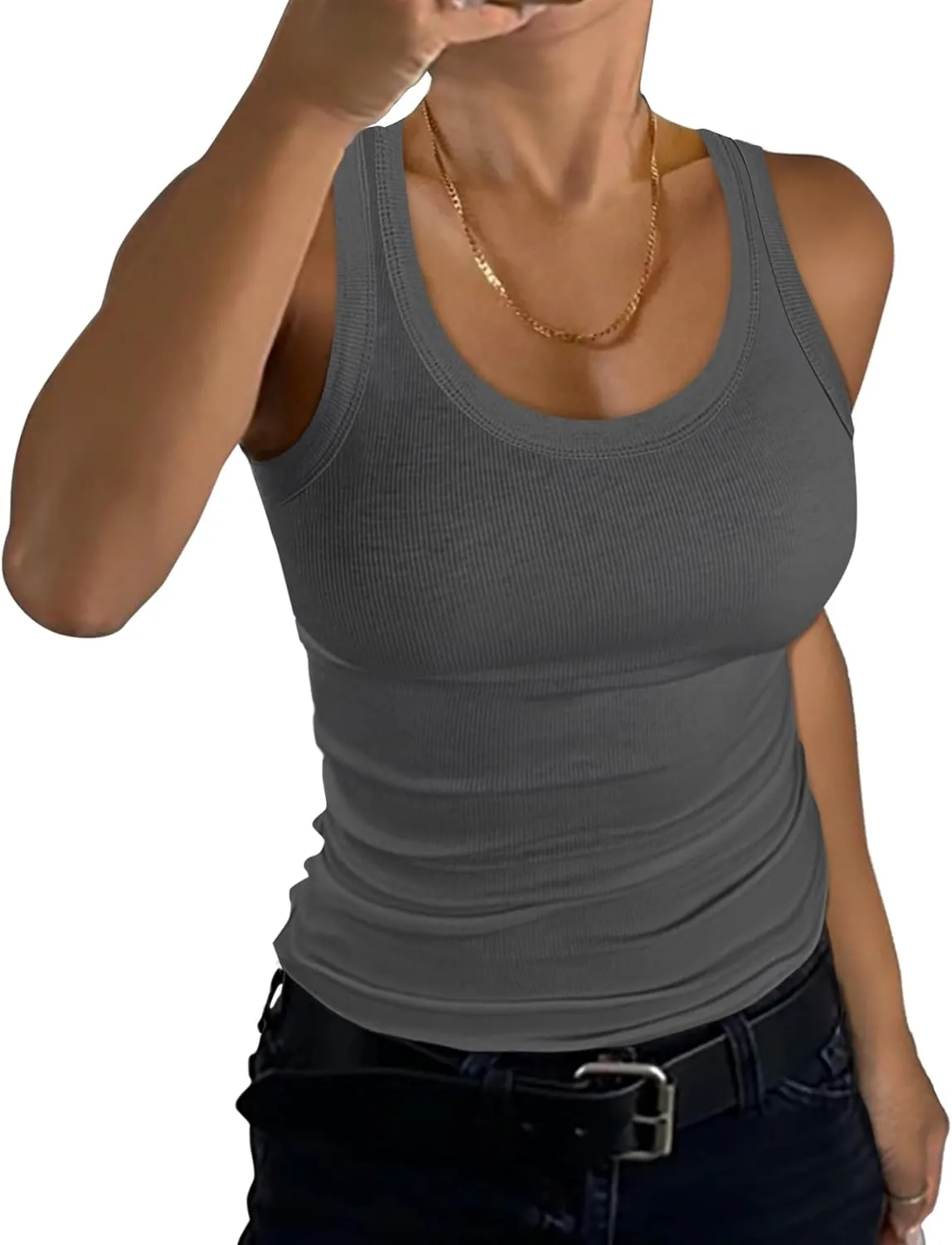 GEMBERA Womens Scoop Neck Sleeveless Racerback Ribbed Knit Slim Fitted Basic Tank Top Shirt