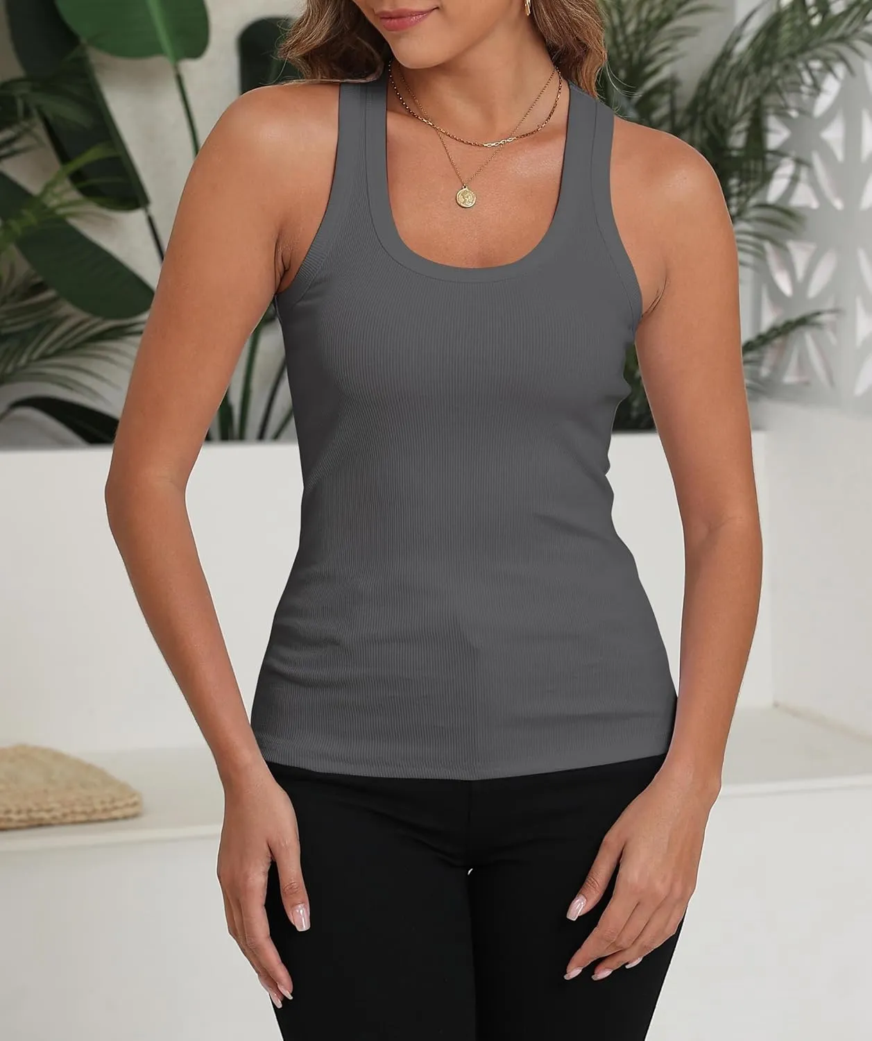 GEMBERA Womens Scoop Neck Sleeveless Racerback Ribbed Knit Slim Fitted Basic Tank Top Shirt