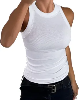 GEMBERA Womens Sleeveless Racerback High Neck Casual Basic Cotton Ribbed Fitted Tank Top