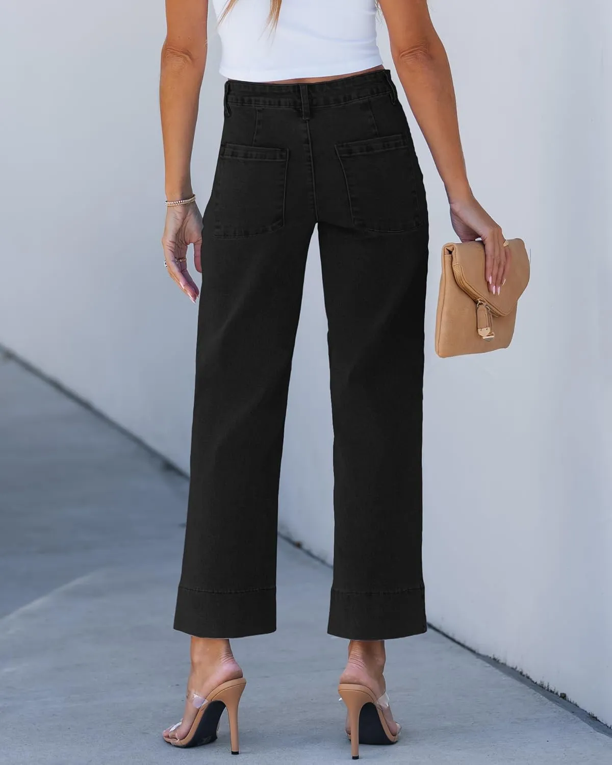GRAPENT Wide Leg Jeans for Women Trendy High Waisted Straight Leg Cropped Stretchy Denim Pants with Retro Patch Pockets
