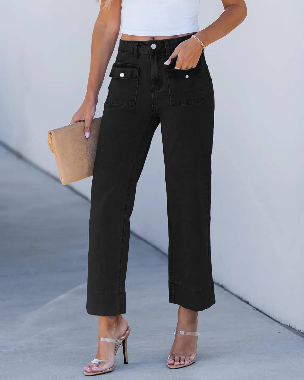GRAPENT Wide Leg Jeans for Women Trendy High Waisted Straight Leg Cropped Stretchy Denim Pants with Retro Patch Pockets