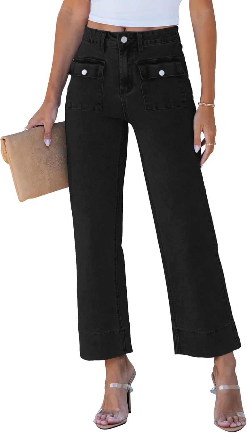 GRAPENT Wide Leg Jeans for Women Trendy High Waisted Straight Leg Cropped Stretchy Denim Pants with Retro Patch Pockets