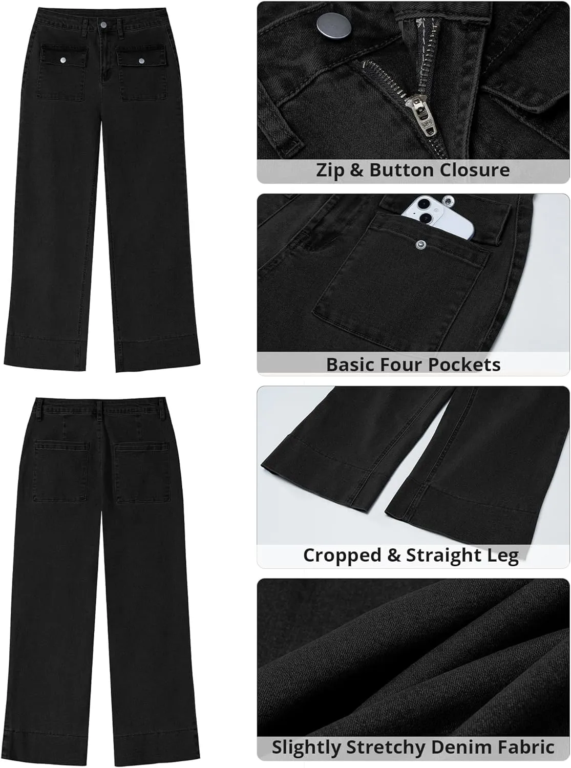 GRAPENT Wide Leg Jeans for Women Trendy High Waisted Straight Leg Cropped Stretchy Denim Pants with Retro Patch Pockets