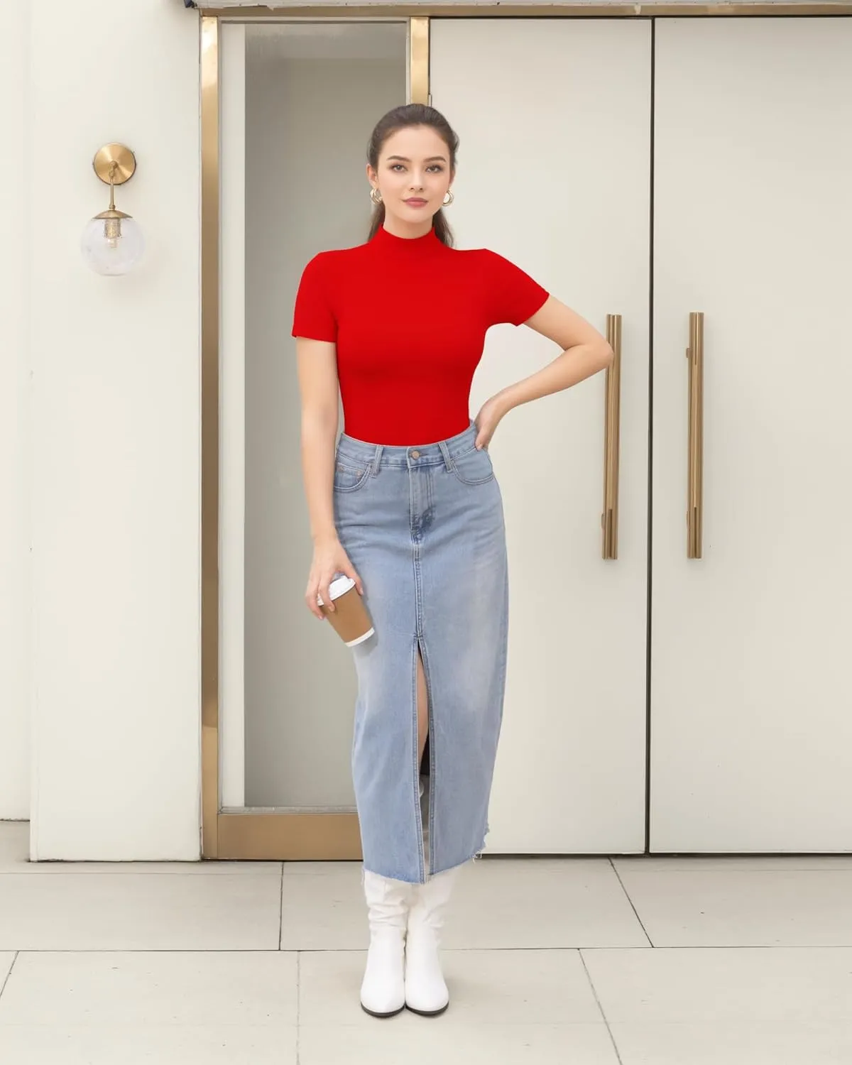 HERLOLLYCHIPS Mock Neck Tops for Women Basic Short Sleeve Tight Summer Sexy Dressy Casual Summer T-Shirts