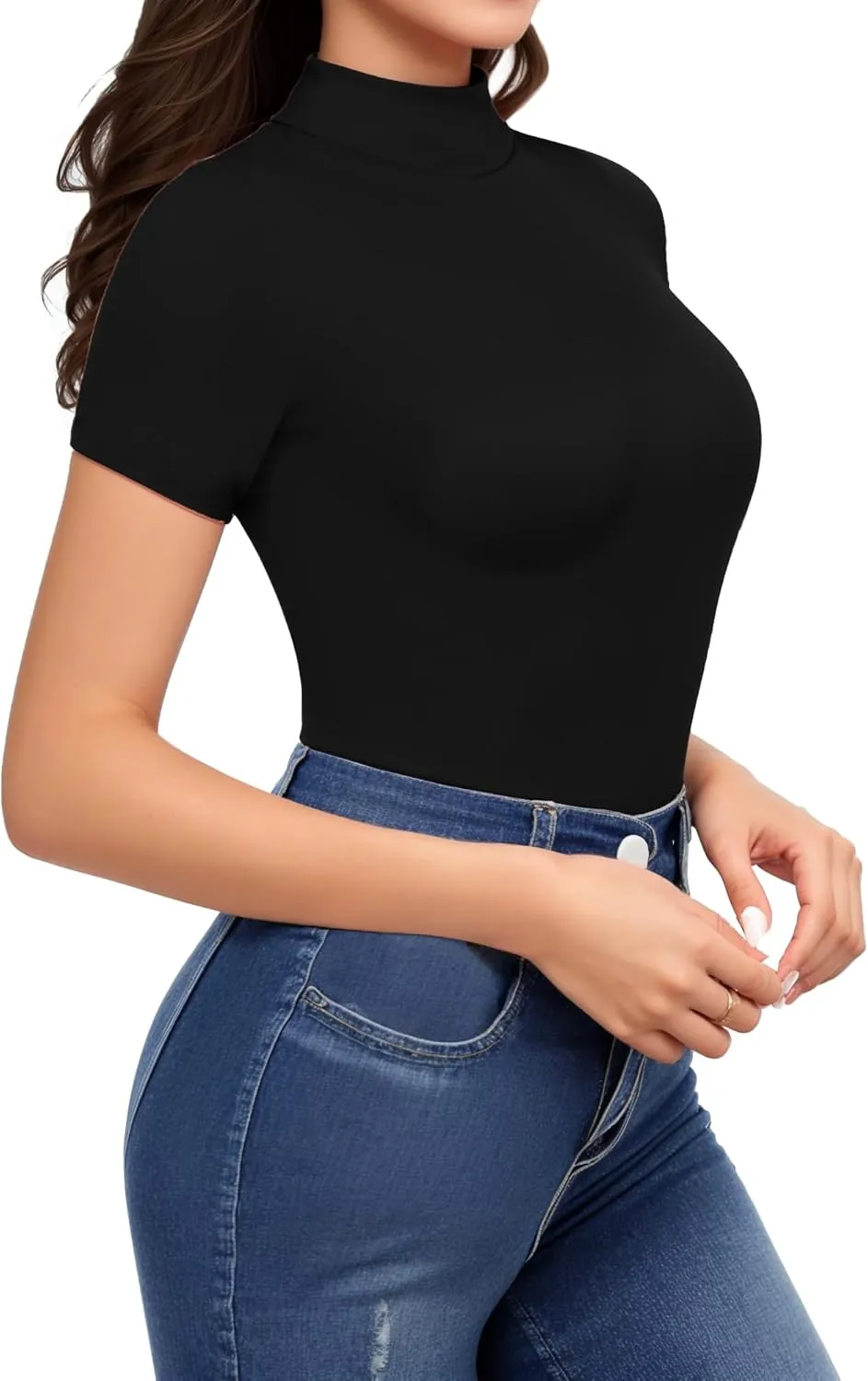 HERLOLLYCHIPS Mock Neck Tops for Women Basic Short Sleeve Tight Summer Sexy Dressy Casual Summer T-Shirts