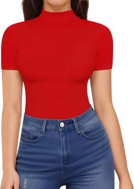 HERLOLLYCHIPS Mock Neck Tops for Women Basic Short Sleeve Tight Summer Sexy Dressy Casual Summer T-Shirts