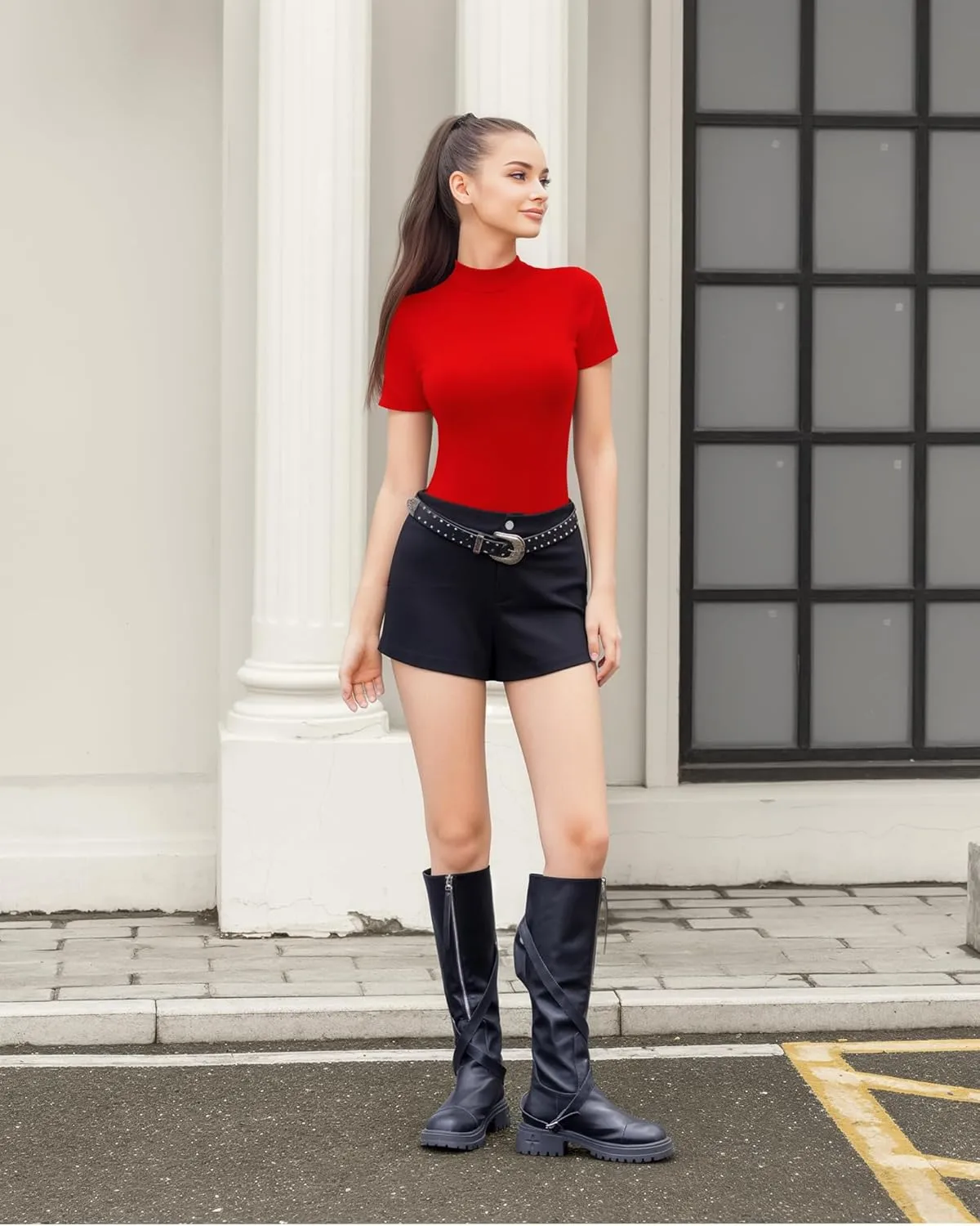 HERLOLLYCHIPS Mock Neck Tops for Women Basic Short Sleeve Tight Summer Sexy Dressy Casual Summer T-Shirts
