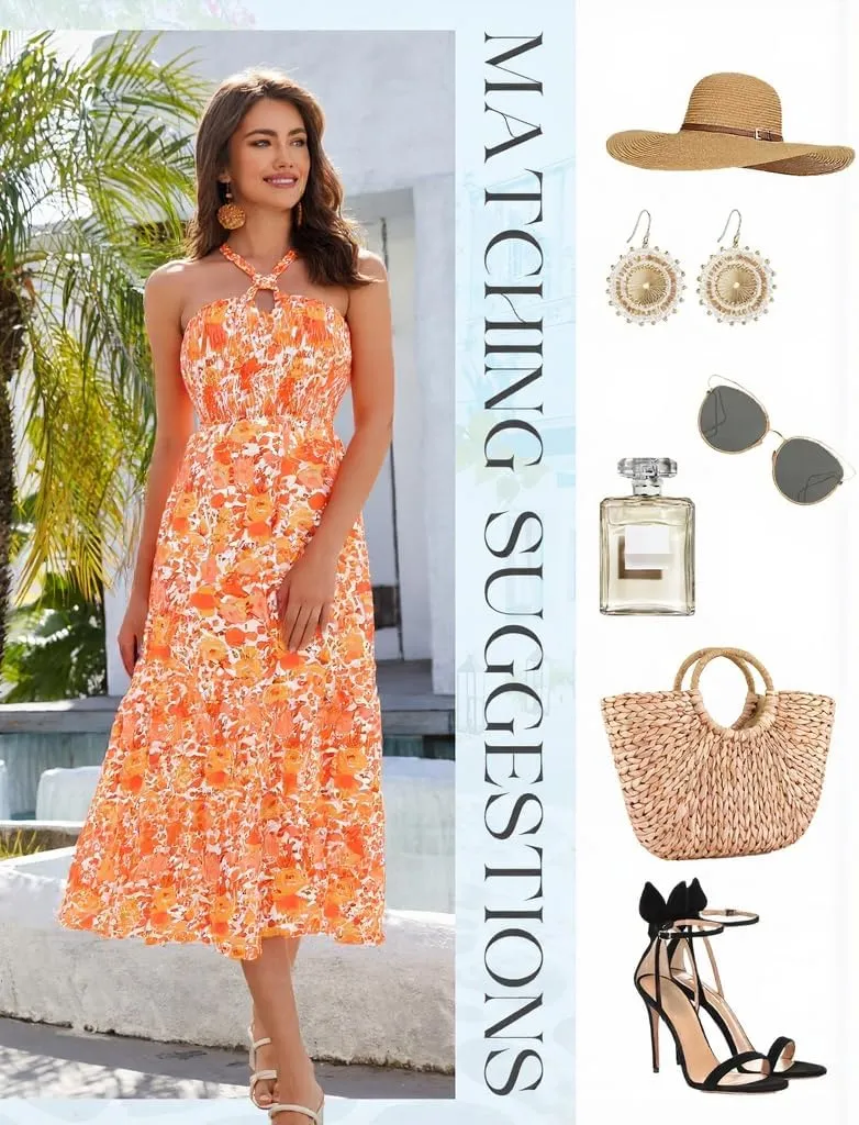 HomRain Summer Halter Dresses for Women 2025 Floral Maxi Dress with Sleeveless for Casual Flowy Boho Beach Wedding