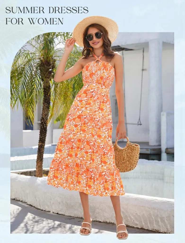HomRain Summer Halter Dresses for Women 2025 Floral Maxi Dress with Sleeveless for Casual Flowy Boho Beach Wedding