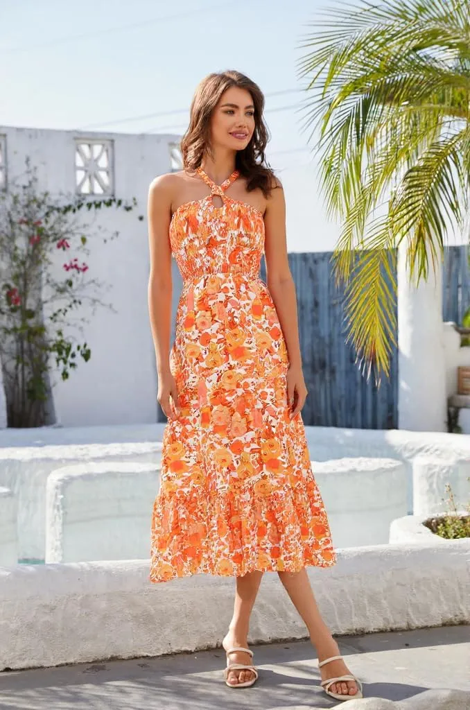 HomRain Summer Halter Dresses for Women 2025 Floral Maxi Dress with Sleeveless for Casual Flowy Boho Beach Wedding