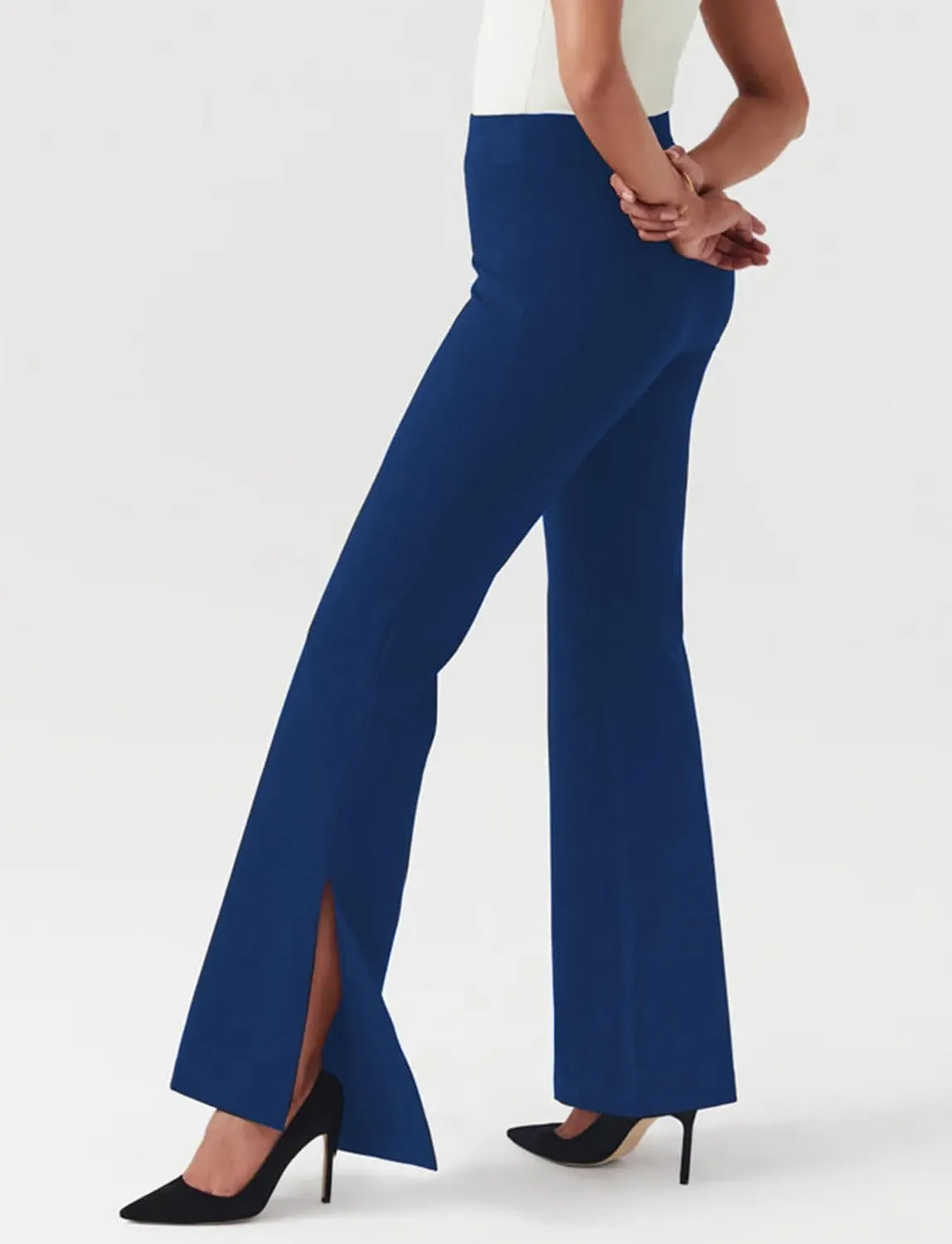 Houmous 31'' Inseam Women High Waist Split Hem Flare Work Pants with Pockets Stretchy Pull On Long Pant Casual Slack