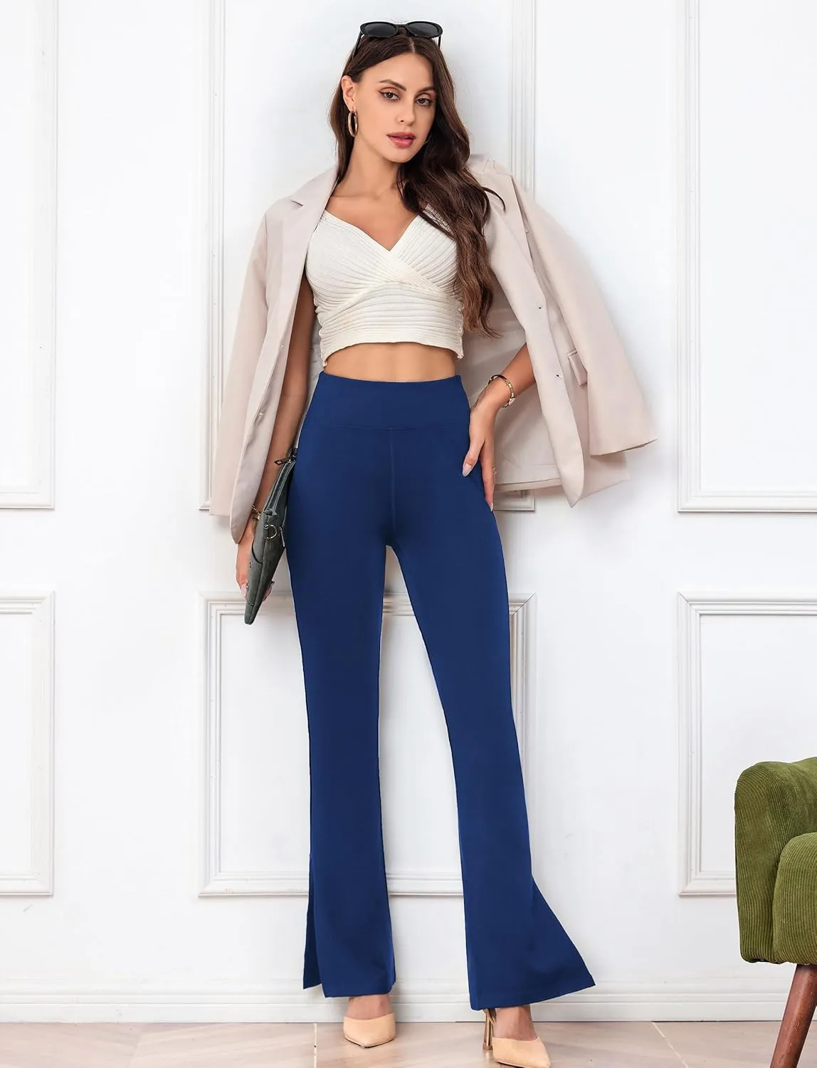 Houmous 31'' Inseam Women High Waist Split Hem Flare Work Pants with Pockets Stretchy Pull On Long Pant Casual Slack