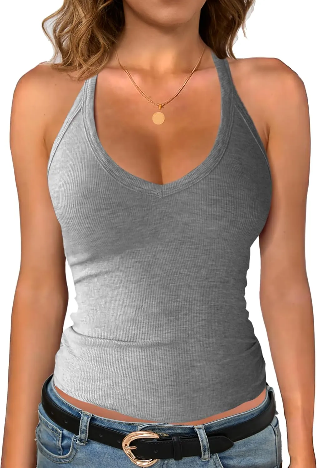 Jar of Love Women's Workout Tank Top with Built-in Shelf Bra-V-Neck Racerback Ribbed Cami for Gym, Yoga, Running