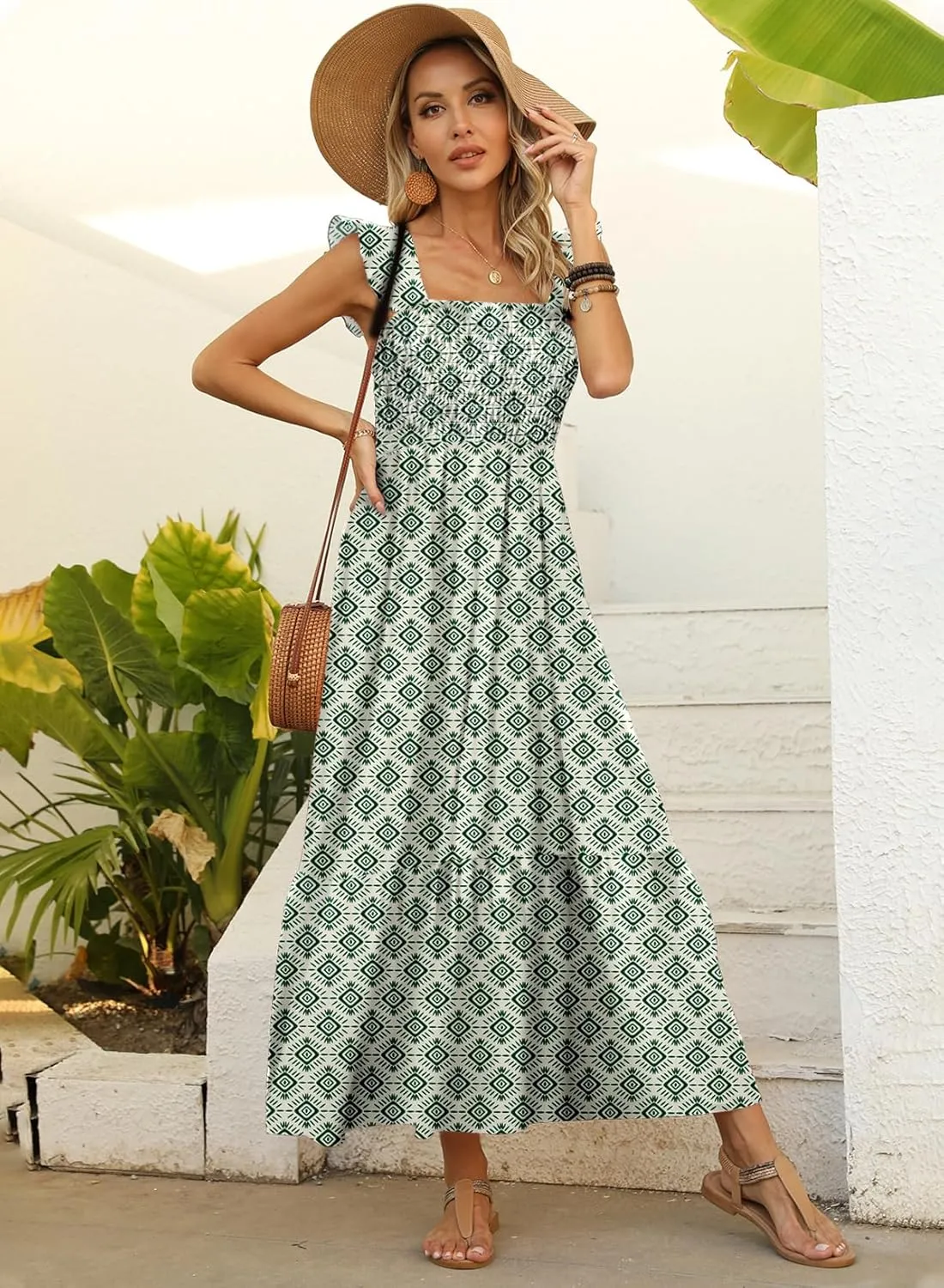 LOLONG Maxi Dress for Women Summer Boho Spaghetti Strap Square Neck Ruffle Beach Sun Dress