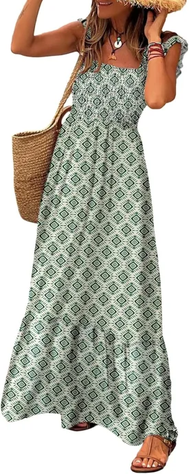 LOLONG Maxi Dress for Women Summer Boho Spaghetti Strap Square Neck Ruffle Beach Sun Dress