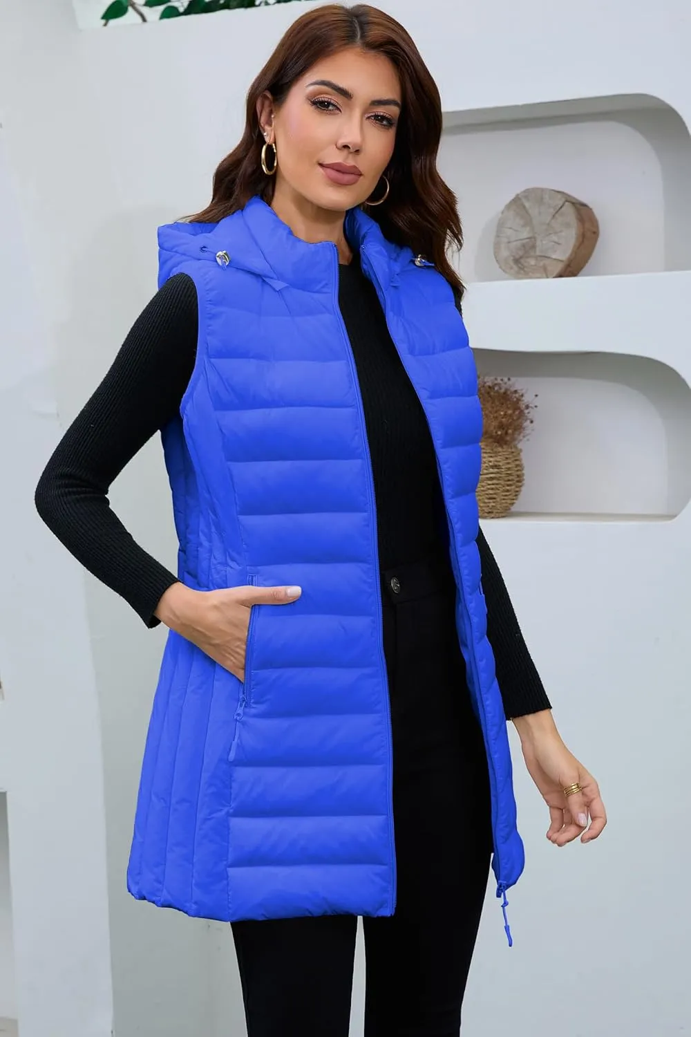 Long Puffer Vest for Women with Hood Lightweight Packable Sleeveless Down Vest for Spring, Fall & Winter