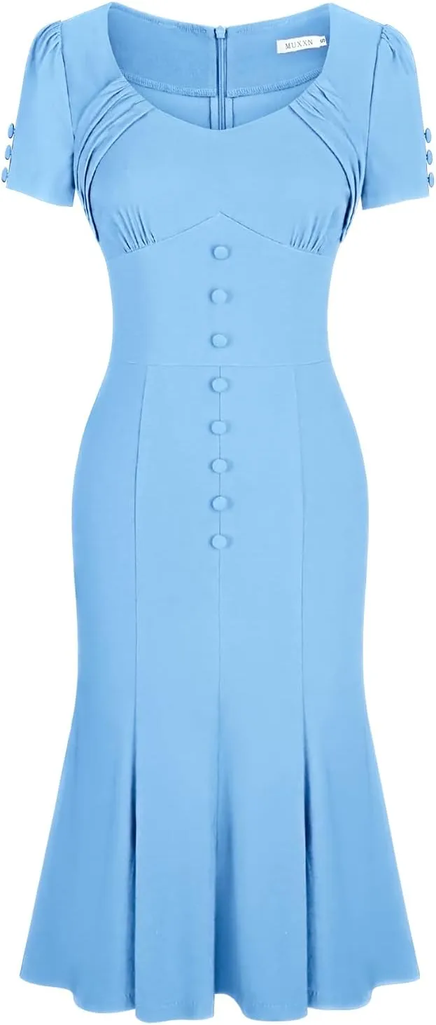 MUXXN Women's 1950s Retro Dress Vintage Short Sleeve Button Down Mermaid Bodycon Midi Casual Work Cocktail Dresses