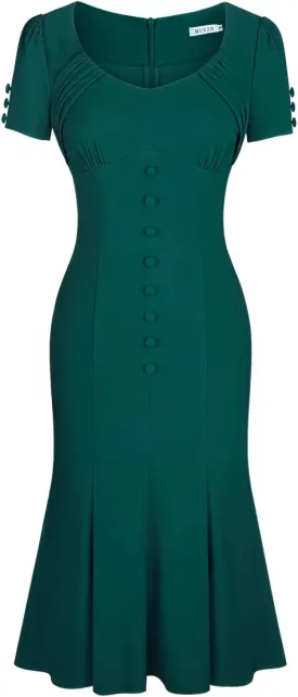 MUXXN Women's 1950s Retro Dress Vintage Short Sleeve Button Down Mermaid Bodycon Midi Casual Work Cocktail Dresses
