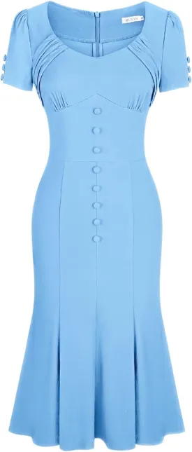MUXXN Women's 1950s Retro Dress Vintage Short Sleeve Button Down Mermaid Bodycon Midi Casual Work Cocktail Dresses