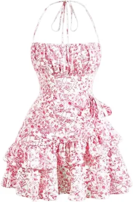 Narecte Summer Dresses for Women,Tie Halter Mini Dress,Floral Print Short Dress,Ruffle Trim Casual Dresses