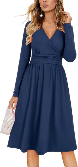 OUGES Women's Fall Winter Dresses for Women 2024 Long Sleeve V Neck Work Outfits with Pockets