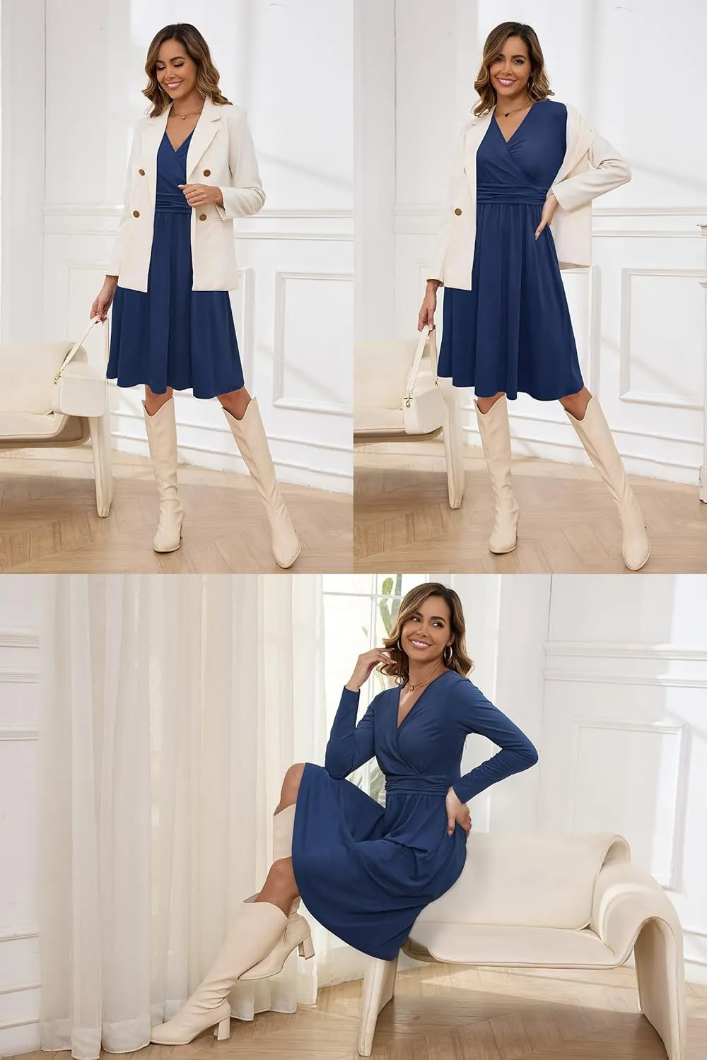 OUGES Women's Fall Winter Dresses for Women 2024 Long Sleeve V Neck Work Outfits with Pockets