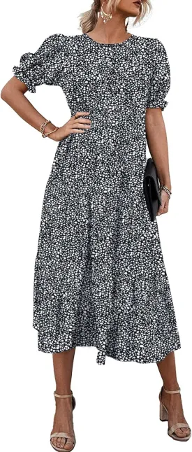 PRETTYGARDEN Women's Summer Casual Floral Boho Dress Puff Short Sleeve Ruffle Flowy Beach Party Midi Dresses