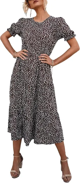 PRETTYGARDEN Women's Summer Casual Floral Boho Dress Puff Short Sleeve Ruffle Flowy Beach Party Midi Dresses