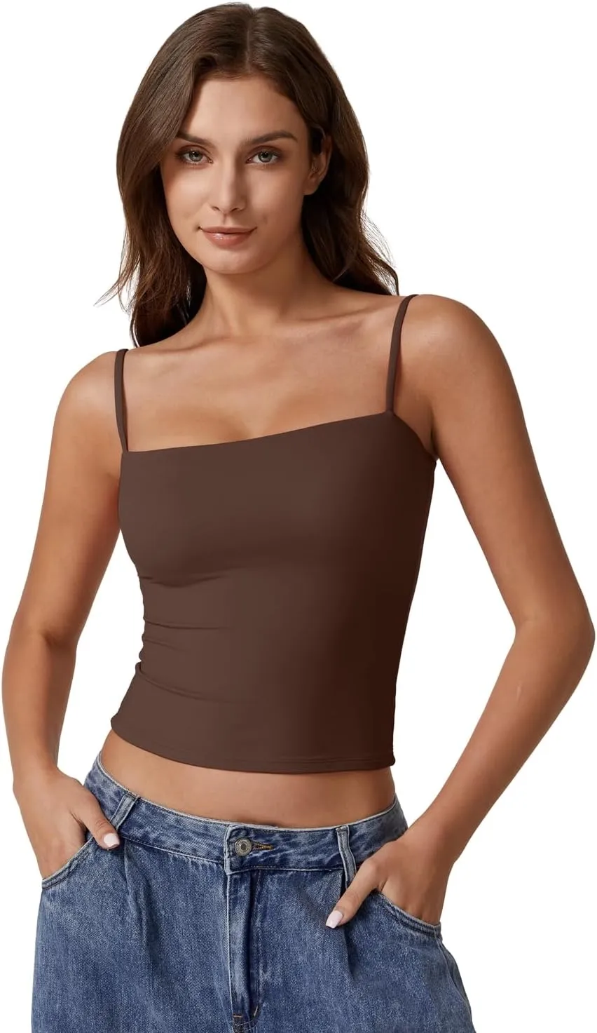 QINSEN Women's Double Lined Basic Tank Top Adjustable Spaghetti Straps Sleeveless Camisole Shirts