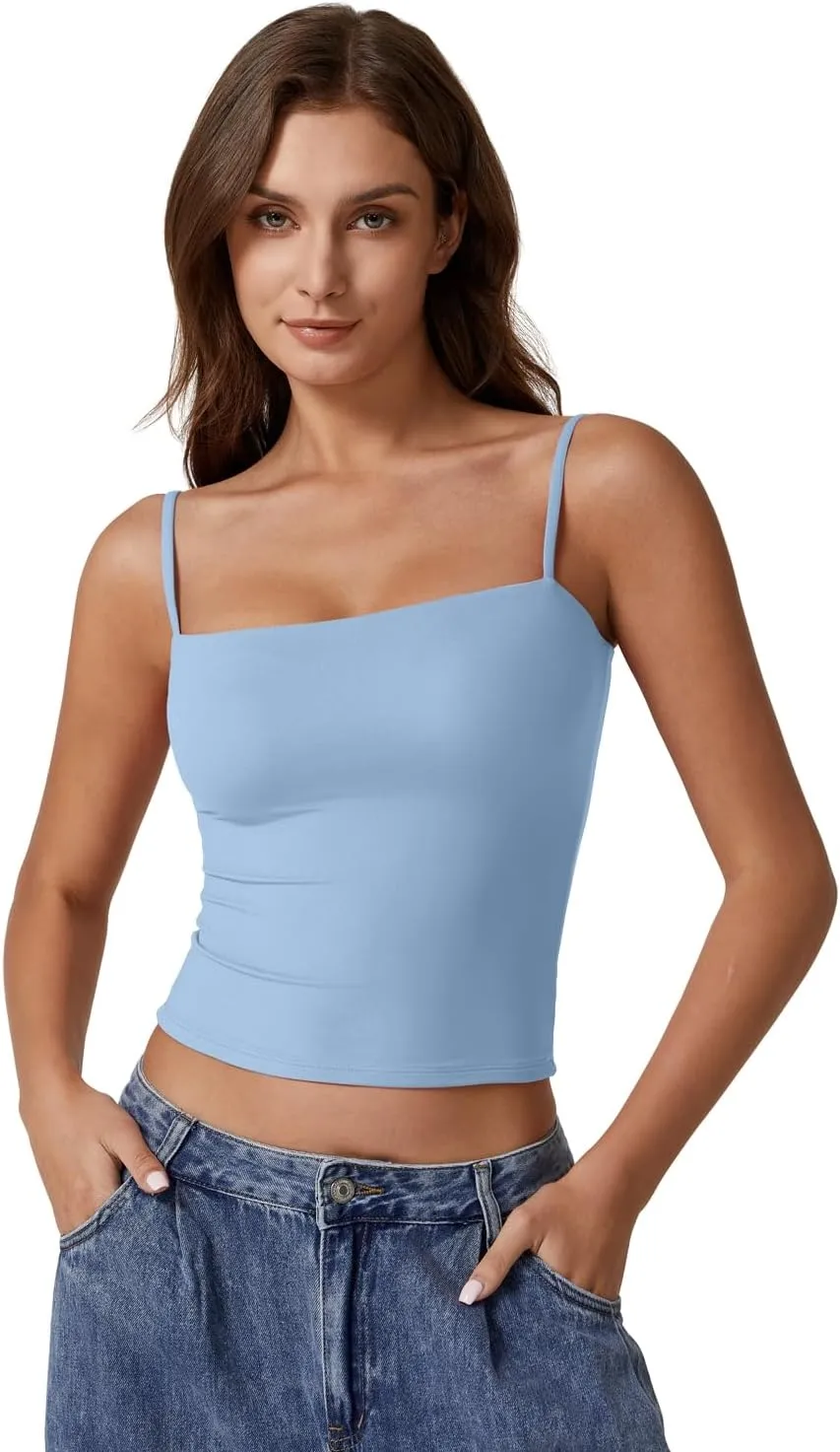 QINSEN Women's Double Lined Basic Tank Top Adjustable Spaghetti Straps Sleeveless Camisole Shirts