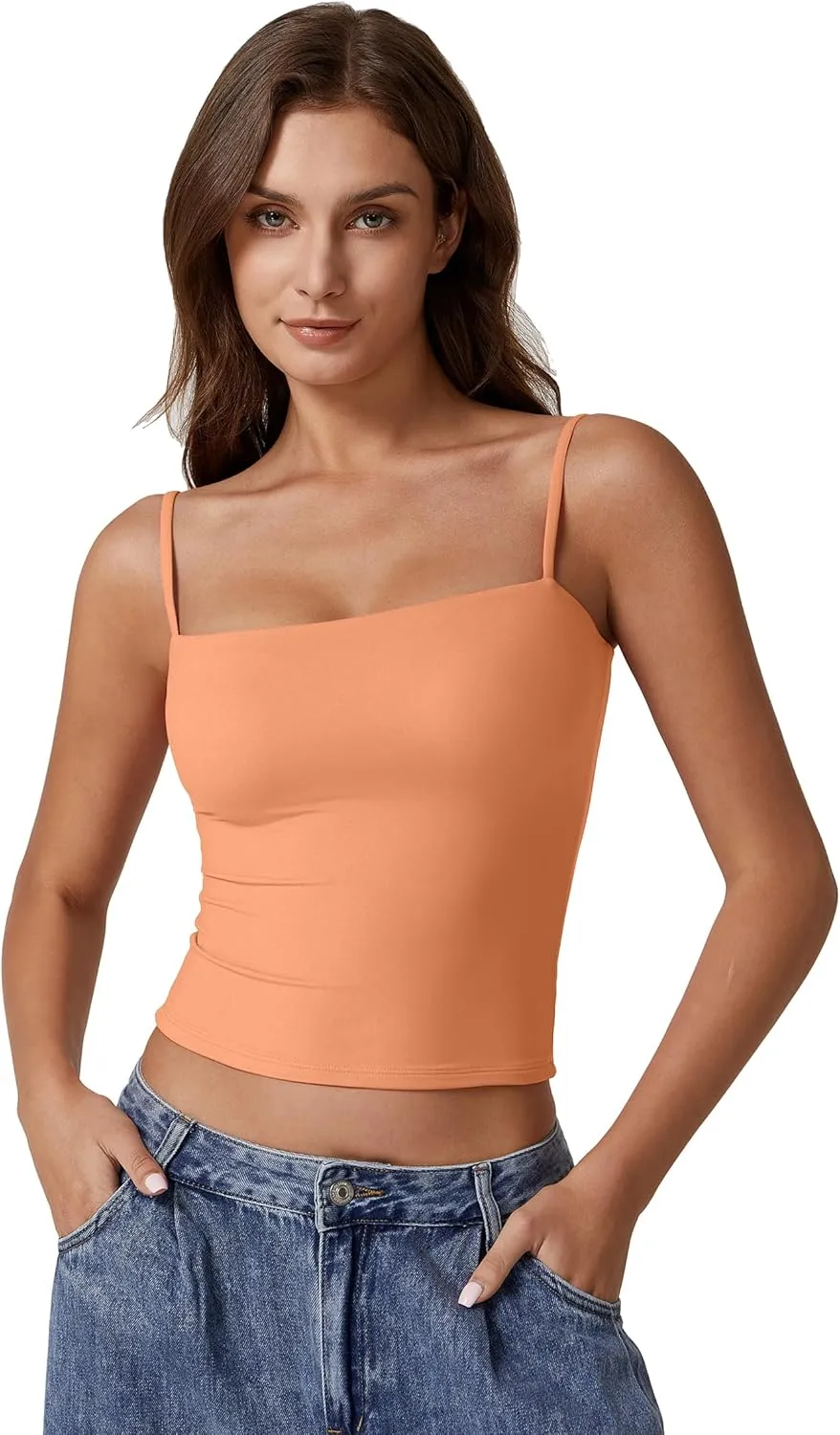 QINSEN Women's Double Lined Basic Tank Top Adjustable Spaghetti Straps Sleeveless Camisole Shirts