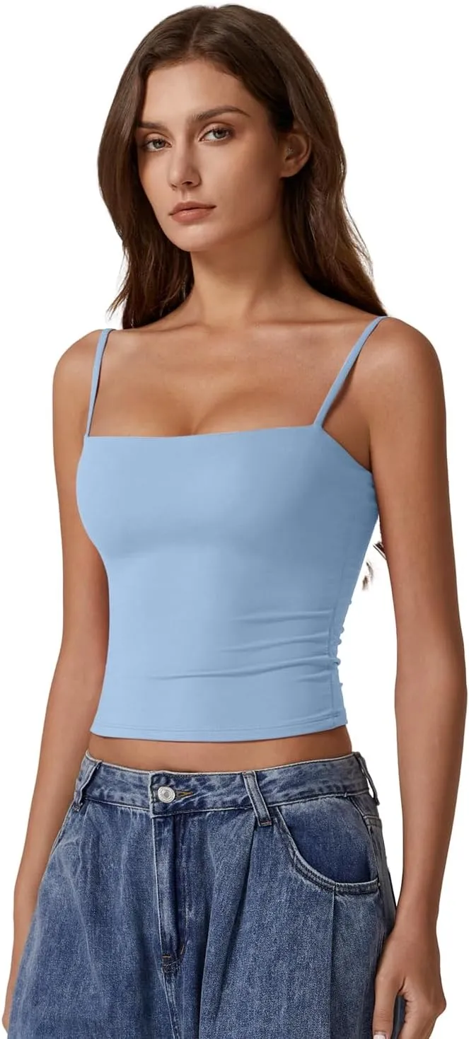 QINSEN Women's Double Lined Basic Tank Top Adjustable Spaghetti Straps Sleeveless Camisole Shirts