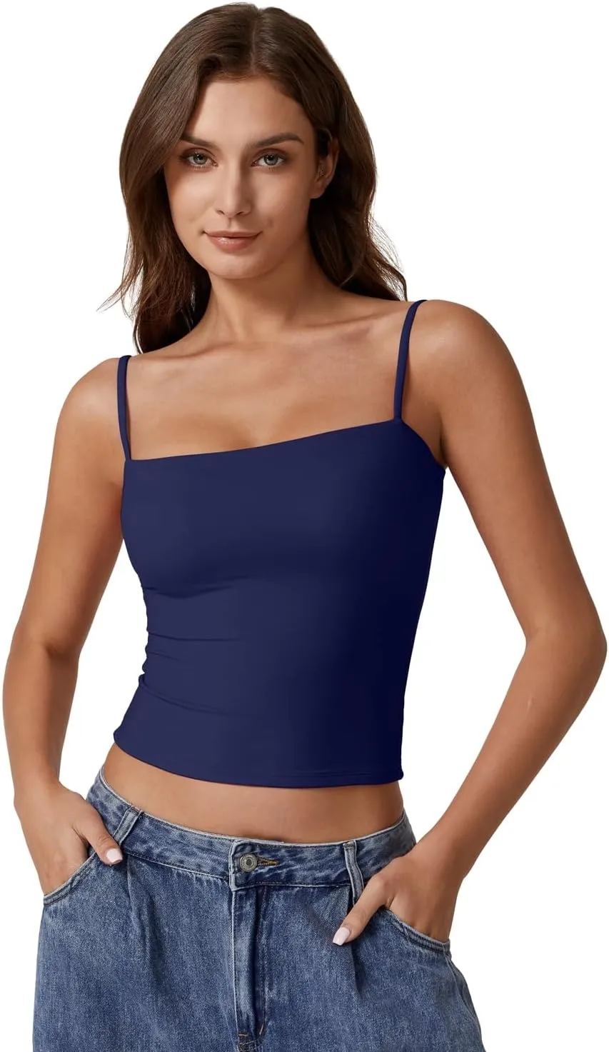 QINSEN Women's Double Lined Basic Tank Top Adjustable Spaghetti Straps Sleeveless Camisole Shirts