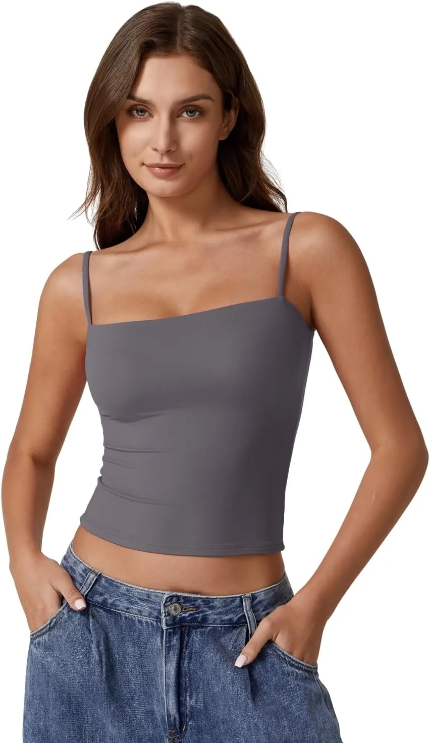 QINSEN Women's Double Lined Basic Tank Top Adjustable Spaghetti Straps Sleeveless Camisole Shirts