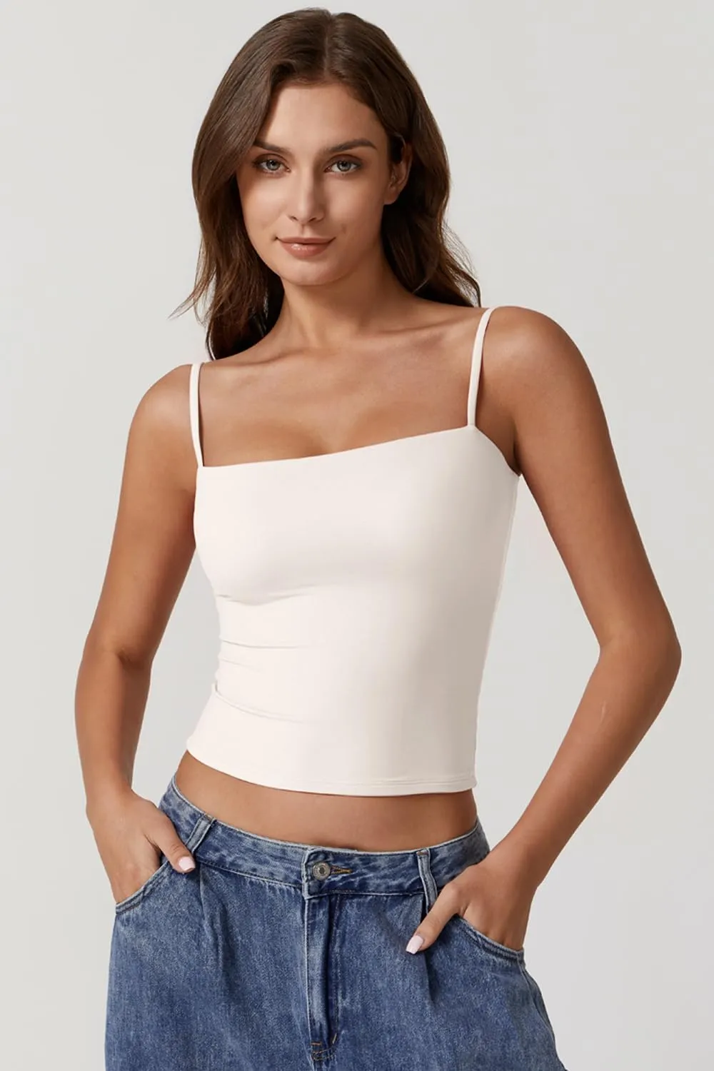 QINSEN Women's Double Lined Basic Tank Top Adjustable Spaghetti Straps Sleeveless Camisole Shirts